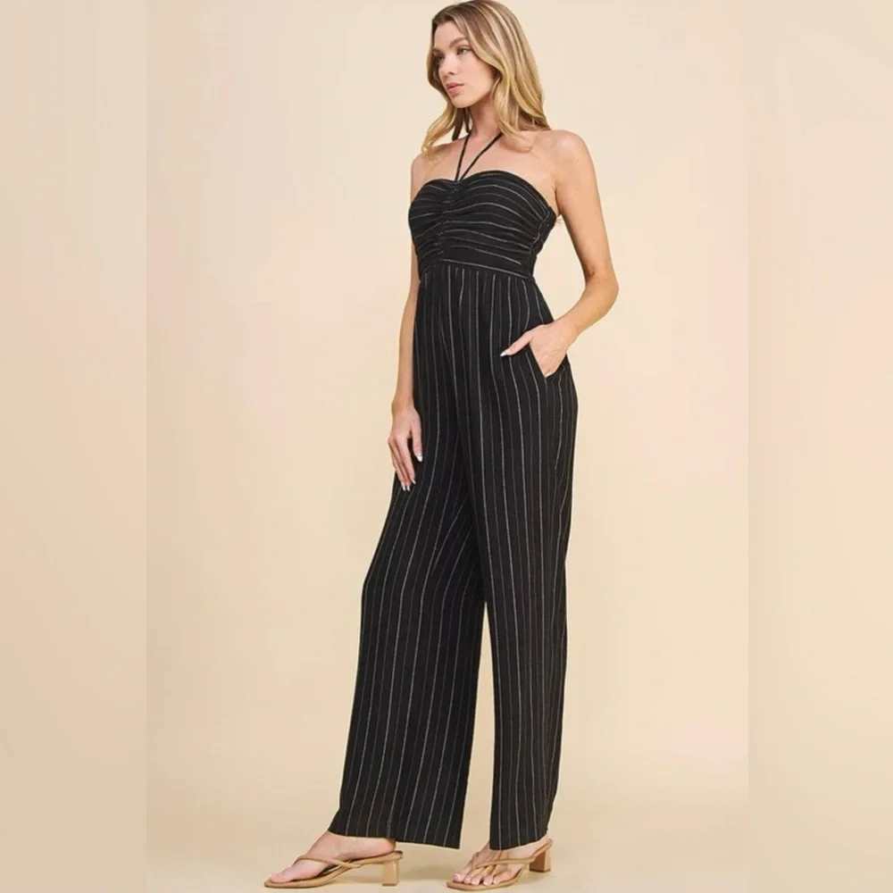 BNWT! Allie Rose, Harlow Halter Tie Jumpsuit in Black, Washed Pinstripe - Picture 2 of 12
